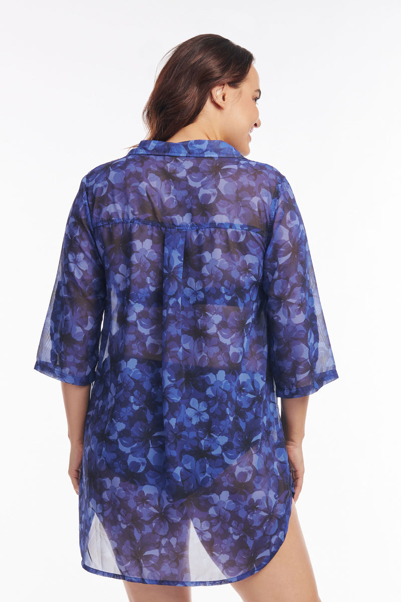Plus Size Collared Pullover Tunic Coverup in Iridescent Blooms