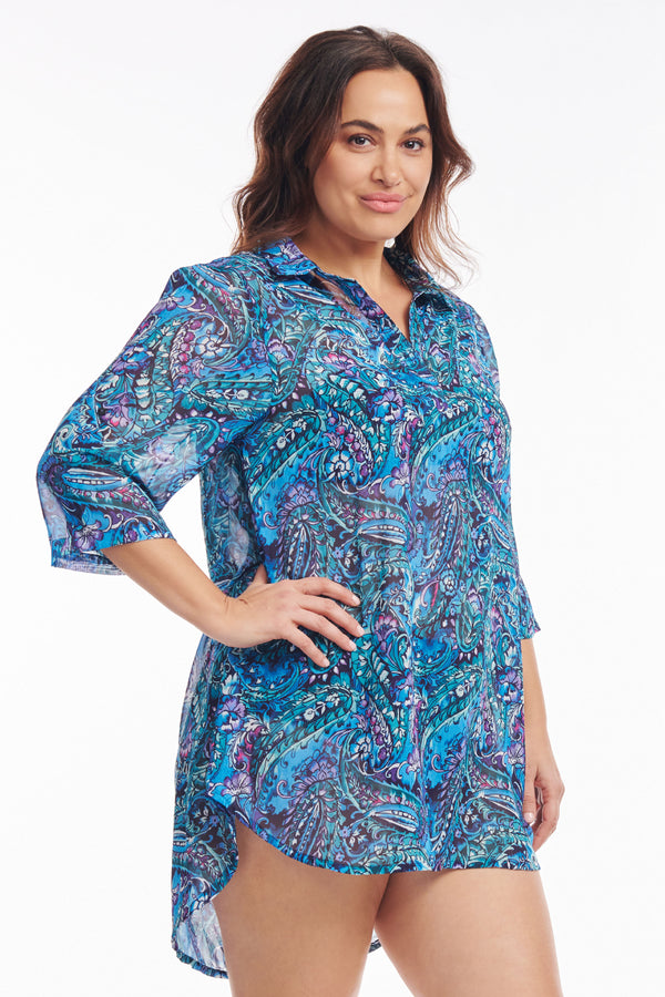 Plus Size Collared Pullover Tunic Coverup in Sea Breeze Paisley