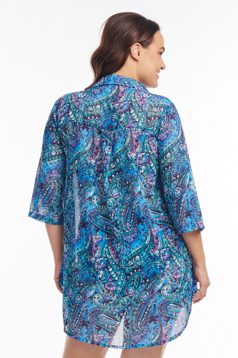 Plus Size Collared Pullover Tunic Coverup in Sea Breeze Paisley